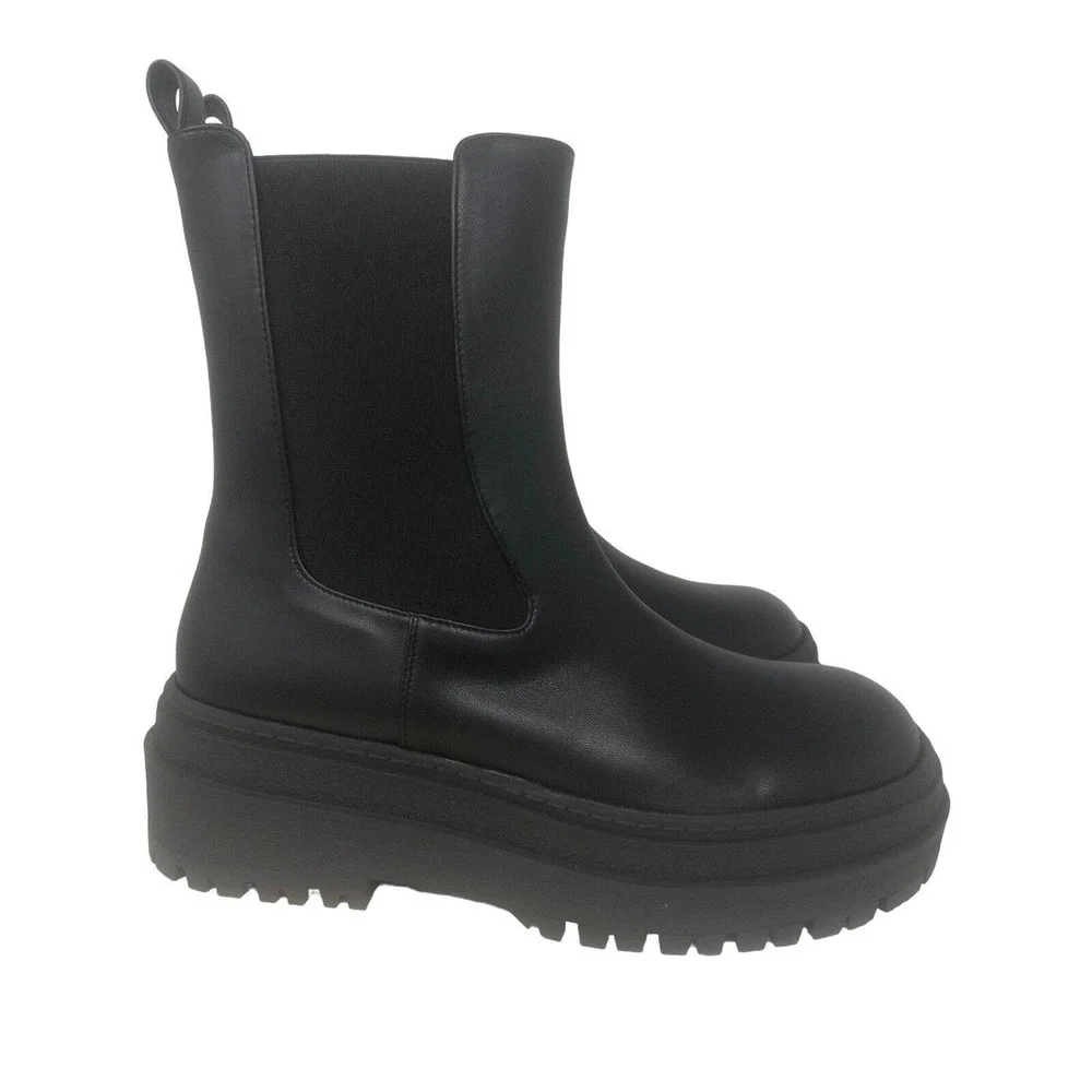 Good American Combat Boot Black Leather Lined Lug Sole Platform Sz 7-NWOB - Picture 3 of 8